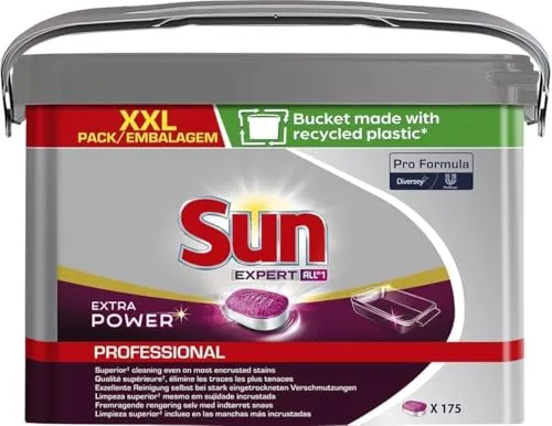 Diversey Sun Professional All in 1 Extra Power Spülmaschinen-Tabs - Geschirrspülmittel mit Pure Clean Technologie für kraftvolle Reinigung ohne Vorspülen. Verhindert Kalkablagerungen und enthält alle wichtigen Komponenten in einem Tab.