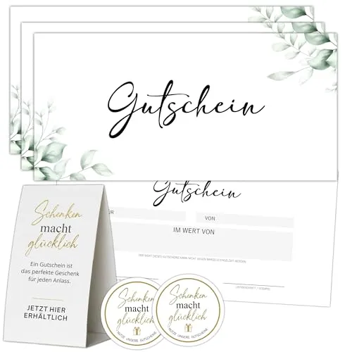 Eummel 50 Blanko Gutscheine zum selbst Ausfüllen | Gedruckt auf Premium Papier | Gutscheinvorlage Gutscheinkarte Geschenkgutschein (Gutschein Eucalyptus)