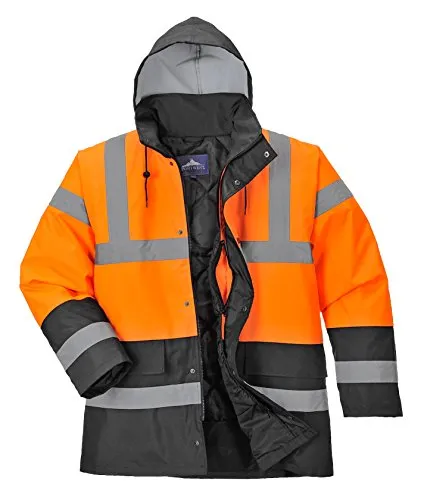 Portwest Zweifarbige Warnschutz-Verkehrs-Jacke M, Orange/Schwarz - Praktische und funktionale Jacke mit wasserdichten Nähten und schmutzabweisendem Material. Ideal für den Einsatz in anspruchsvollen Umgebungen. Zertifiziert nach EN ISO 20471 für hohe Sichtbarkeit.