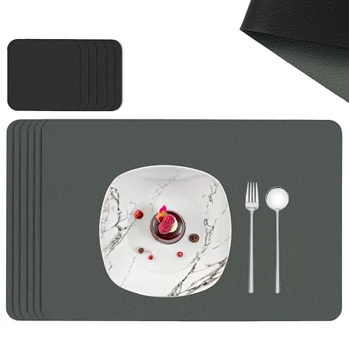SÄNGER Kunstleder Untersetzer & Platzsets 12-teilig - Platzsets aus abwaschbarem Kunstleder, wendbar in Grau und Schwarz, rutschfest und wasserdicht - ideal für jeden Anlass und einfache Reinigung.