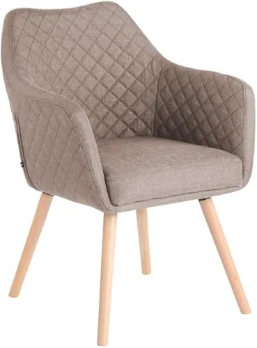 CLP Esszimmerstuhl mit Armlehne Gent, Sessel mit Holzgestell, moderner Küchenstuhl mit gepolsterter Sitzfläche und Bodenschonern, bis 120 kg, Farbe:Taupe, Gestell Farbe:Natur