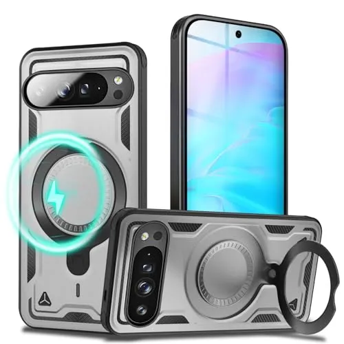 NALIA Stormguard für Google Pixel 9 Pro XL Hülle für MagSafe, Schlagfeste Schutzhülle mit 360° Ring Ständer, Griffiges Outdoor Cover, Panzer Hardcase, Fallschutz Handyhülle, Farbe:Sturmsilber