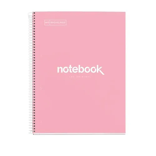 Miquelrius - Notizbuch A4 Notebook, 1 farbiger Streifen, 80 Blatt mit raster 5 x 5 mm, Papier 90 g/m² mikroperforiert mit 4 Bohrungen für 4 Ringe, Einband aus Karton, Farbe Rosa