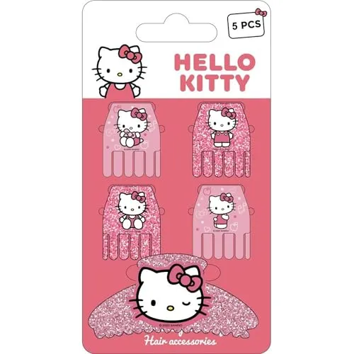 Hello Kitty Haarkamm & Haarspange | 5-teiliges Kinderzubehör-Set mit rosa Glitzer und offiziell lizenziertem