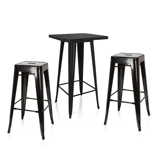 Bartisch-Set Stehtisch mit 2 Barhockern in Schwarz - Stylisches Bartisch-Set mit 2 stapelbaren Barhockern, ideal für gesellige Abende. Robustes Stahlgestell und modernes Industriedesign sorgen für Stabilität und Eleganz im Innenbereich.