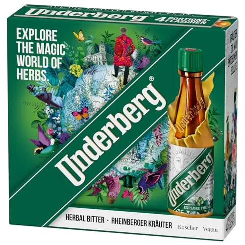 Underberg Kräuterspirituose - Rheinberger Kräuter, 4 x 20 ml - Natürliche Extrakte: Kraftvolle Kräuterspirituose aus 43 Ländern, ohne Zuckerzusatz, ideal für puren Genuss in praktischen Portionsflaschen.