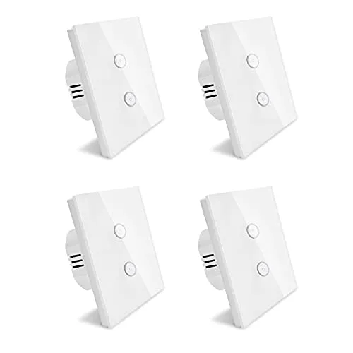 Smart Lichtschalter, Wlan Alexa Lichtschalter 2 Gang, Gehärtetes Glas Touch-schalter, Arbeitet mit Alexa & Google, APP Fernbedienung, Timing-Funktion, Nullleiter Erforderlich, Weiß 4 pack