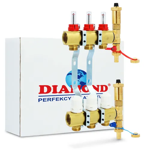 Messing Heizkreisverteiler mit Durchflussmengenmesser für Fußbodenheizung - Robuster Heizkreisverteiler mit 3 Heizkreisen, automatischen Entlüftergruppen und präzisen Durchflussmessern für optimale Heizleistung.