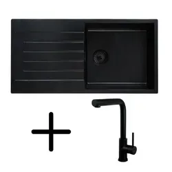 Caressi CAQPP850R10BK-EB Spüle, Einbau mit Küchenarmatur CABL003BKU. Schwarz.