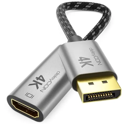 deleyCON DisplayPort Stecker auf HDMI Buchse Adapter (Für HDMI Monitor, TV, Beamer) - 1080P@60Hz / 1440P@60Hz / 4K@30Hz - Aluminium-Stecker Nylonkabel - für DP Computer PC Grafikkarte