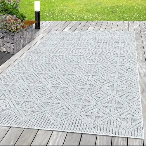 HomebyHome In & Outdoor Wetterfest 140x200 cm Grau, Zickzack Design 3D Effekt - Balkon Teppich Wasserfest, Kurzflor, Flachgewebt - Ideal für Küche, Garten, Camping und Terrasse