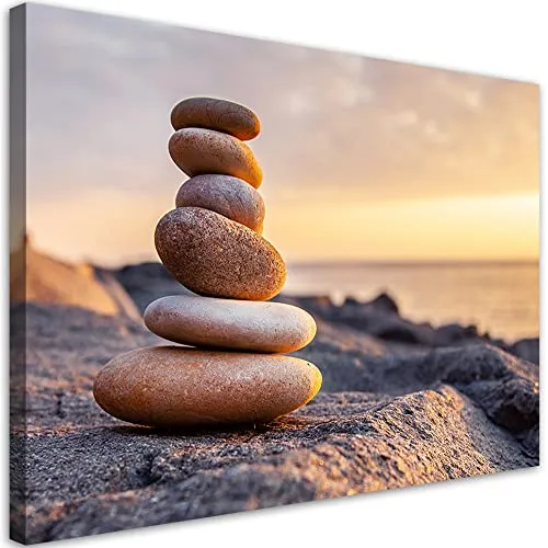 Feeby Bild Auf Leinwand 60x40 cm Strand Sonnenuntergang Abstrakt 1 tlg Modern Bilder Wandbilder Leinwandbild Kunstdruck Wohnzimmer Schlafzimmer Büro Flur Meer Himmel Zen-Steine Orange