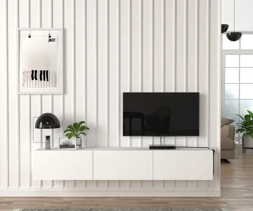 moebel17 Damla TV Lowboard hängend – Modernes Design mit viel Stauraum - TV-Bank mit grifflosen Türen und 3 Fächern, perfekt für stilvolle Wohnzimmer. Das hängende Design sorgt für mehr Platz und eine elegante Optik.