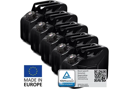BW® Benzinkanister Metall 5x 10 Liter - TÜV-geprüfter Kraftstoffkanister mit Schraubverschluss - Robuster 10L Kraftstoffkanister aus 0,9mm Stahl, pulverbeschichtet für Langlebigkeit. Ideal für Benzin, Diesel und mehr. Sicherer Schraubverschluss mit Magnet zur einfachen Handhabung. Perfekt für professionelle Einsätze und lange Fahrten.