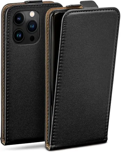 moex Flip Case für iPhone 15 Pro Hülle klappbar mit 360 Grad Schutz, Handyhülle mit Displayschutz, PU Leder Handytasche Lederhülle, Flip Case Cover Klapphülle, Schwarz