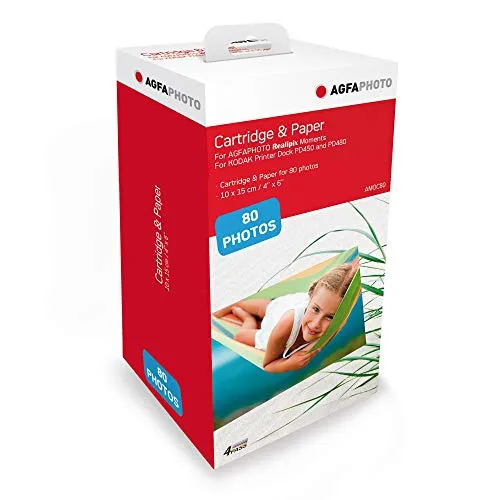 AGFA Photo Kartusche und Papier für Sofortbilder - Fotopapier für AGFA Photo Realipix Moments und Kodak Drucker, inklusive 2 Patronen und 80 Blatt für hervorragende Druckqualität im Postkartenformat.