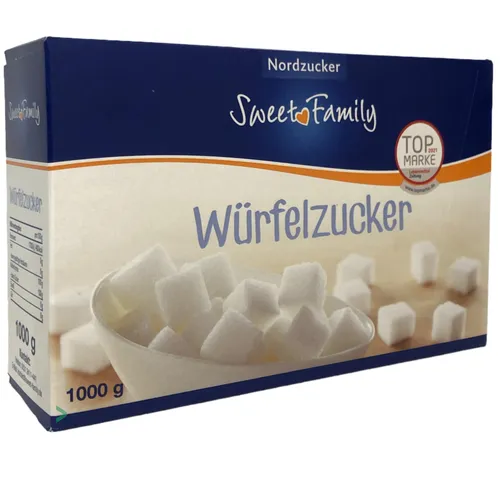 Sweet-Family weißer Kristallzucker Würfelzucker, 1kg Box, 332 Stück - Zucker, ideal portioniert für Kaffee und Tee. Praktische 1kg-Box mit 332 Würfelzucker für die Küche oder den Pausenraum. Genießen Sie die perfekte Süße!