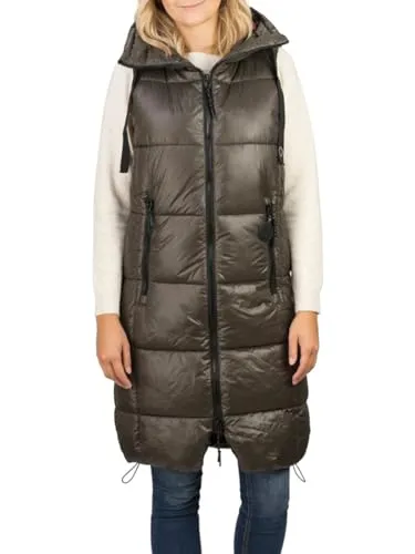 DENIMFY Steppweste Damen lang mit Kapuze - Funktionsjacke für Herbst und Winter, windfest mit knielangem Schnitt und praktischen Reißverschlusstaschen für optimalen Komfort.