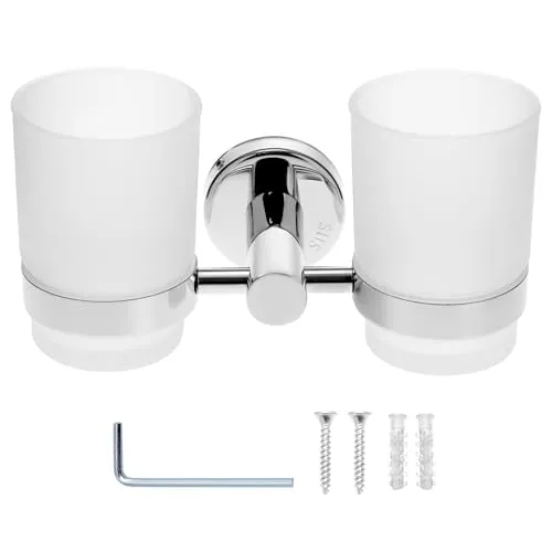 QWORK® Zahnbürstenhalter zur Wandmontage, Zahnbürstenhalter aus Edelstahl 304, Zahnbürstenhalter mit 2 Mundwasserbechern