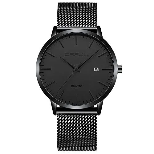 CRRJU Herren Uhr Ultra Dünne Wasserdicht Armbanduhr Herren Mode mit Schwarz Edelstahlband Mesh Analog Quarz Business Männer Uhren (Schwarz Schwarz)
