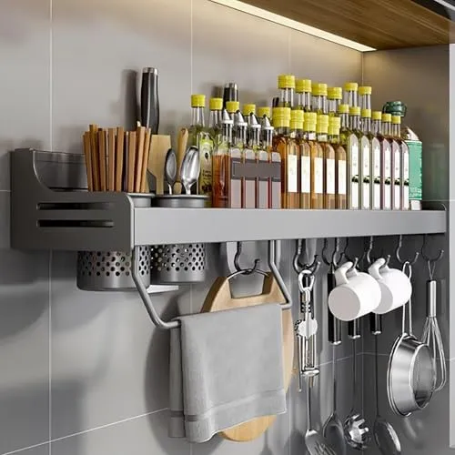 Edumov Gewürzregal Wand, Gewürz Organizer Ohne Bohren, Gewürzregale Hängend, Gewürzhalter Kleben, Küchenregal Wand Metall für Schranktür,Küche, Spice Rack, 60cm, Grau