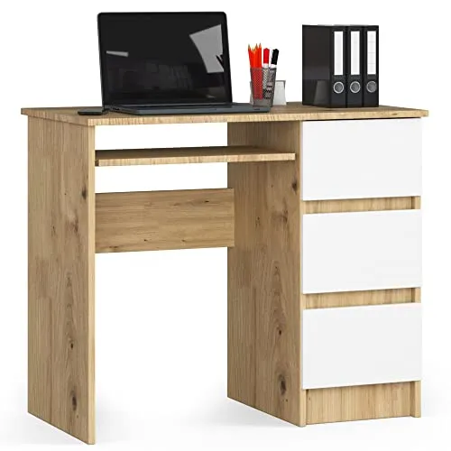 AKORD Schreibtisch A6 90 cm | 3 Schubladen Rechts | Schreibtisch | Bürotisch | Computertisch | Arbeitstisch | Laptoptisch | Bürmöbel | B90 x H77 x T50 cm | Gewicht 29,95 kg | Artisan Eiche/Weiß