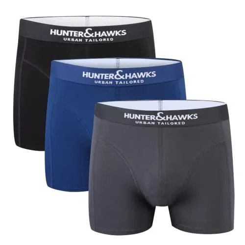Hunter&Hawks Boxershorts Herren 3er Pack aus Bio-Baumwolle, S-6XL, Grau, Schwarz, Blau | Stretch Boxershorts Herren Baumwolle mit weicher Bund | Atmungsaktive Trunks, Anti-Scheuerunterwäsche