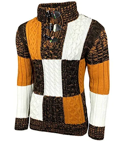 Baxboy Herren Grobstrick Pullover Strickpullover Stehkragen Winter-Freizeit-Jacke Muster Design Meliert Sweatshirt Pulli B-51112, Farbe:Camel, Größe:L