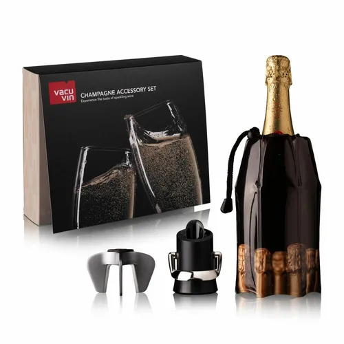 Champagner Zubehör Set von Vacu Vin - A - Barzubehör für Champagnerliebhaber: Dieses exklusive Set enthält alles für perfektes Öffnen, Kühlen und Einschenken – ohne Tropfen zu verlieren.