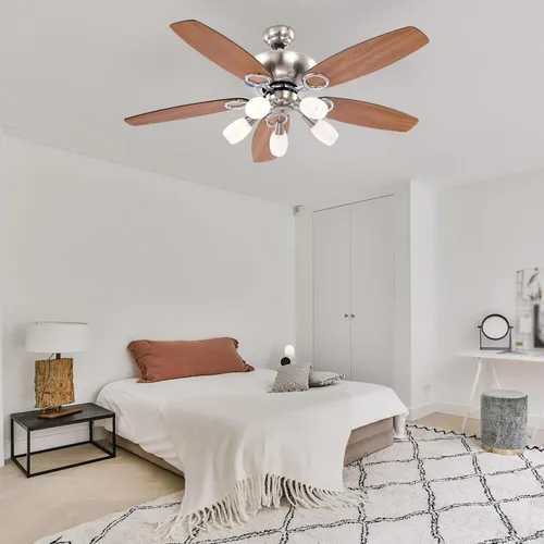 Deckenventilator Lüfer Kühler mit LED-Beleuchtung - Ventilatoren mit stilvollem Nickel-matt Chrom Design, inklusive 5 E14 LED-Leuchtmitteln für energieeffiziente Beleuchtung und angenehme Luftzirkulation, ideal für Wohnzimmer.