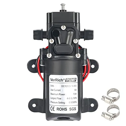 VerRich Membranpumpe 12 V DC Wasser Pumpe 70 W 6 A Spirale Schnittstelle selbstansaugend Spritze Pumpe 6 L/Min 0,9 MPa 131 PSI für RV Camper Marine Boat Garten Straight Connector schwarz