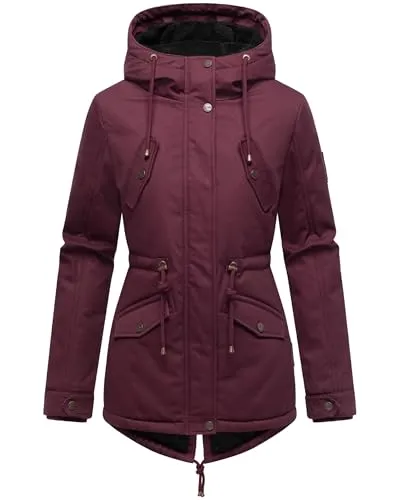 MARIKOO Damen warme Winterjacke Manolya Wine - Funktionsjacke mit kuscheligem Teddyfell-Futter und modischen Details, ideal für kalte Tage. Perfekte Passform durch Taillenzugband und Gehschlitz für Komfort.
