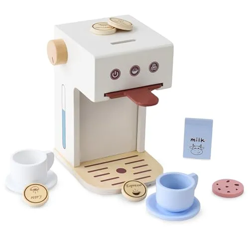 Mamabrum Holz-Kaffeemaschine Set für Kinder 3+ - Küchen-Spielzeugset mit authentischem Barista-Zubehör, fördert kreatives Rollenspiel und Feinmotorik, sicher und kindgerecht verarbeitet.