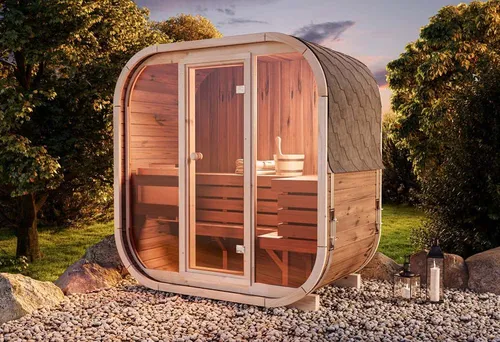 Comfort Set Fasssauna Ellipso M Natur 196x119cm - Fasssauna aus natürlichem Holz, ideal für Entspannung im Freien. Mit einer Höhe von 203 cm bietet sie Platz für bis zu 4 Personen und fördert das Wohlbefinden.