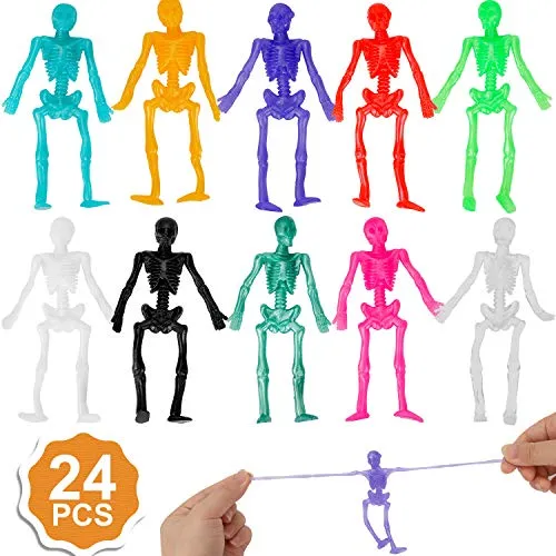 Qpout 24 Stück Einziehbare Skeleton Spielzeug, Random 10 Color Schädelspielzeug, für Kinder Halloween Geburtstagsgeschenk, Klassenzimmerpreise Mitgebsel