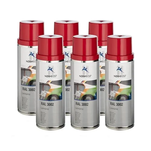 Normfest Lackspray RAL 3002 Karminrot – seidenglänzender Nitro-Kombinationslack, hohe Deckkraft, witterungs- und UV-beständig, für Metall, Kunststoff und Holz, innen und außen, 6x 400 ml