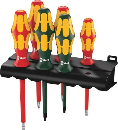 Wera 160i/168i/6 Rack Schraubendreher-Set 6teilig - 6-teiliges Schraubendreherset mit isolierten Schraubendrehern für sicheres Arbeiten bis 1.000 V. Ergonomischer Griff für komfortables Arbeiten und schneller Werkzeugfinder für die einfache Auswahl.