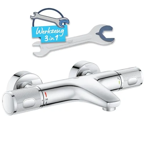 GROHE Precision Feel Thermostat-Wannenbatterie - 1/2 Zoll, Auslauf mit Mousseur, EcoJoy für umweltfreundliches Wasser- und Energiesparen in modernem Chromdesign