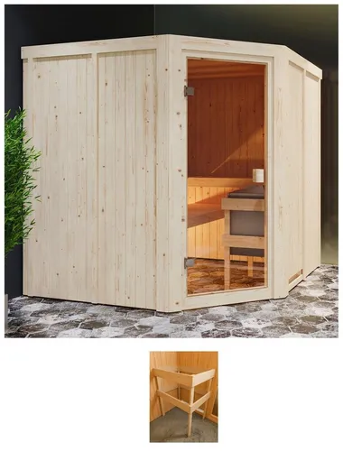 Karibu Sauna Kotka, 196 x 196 x 198 cm, 68 mm - Innensauna mit hervorragender Energieeffizienz dank 68 mm Wandstärke und Mineralwolldämmung, ideal für entspannende Momente.