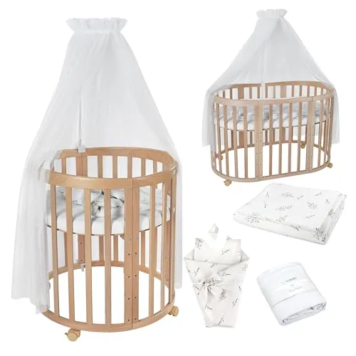 Waldin Babybett OWAL 7in1 aus Holz mit Matratze - Gitterbett aus FSC-zertifiziertem Buchenholz, 7-in-1 Funktionen für lange Nutzungsdauer, inklusive sicherer Matratze und verstellbarer Bodenhöhe, ideal für Babys und Kleinkinder.