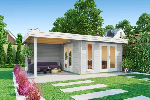 Gartenhaus Blockhaus Pultdach 44 mm Anders rot 652x380 cm - Robustes Gartenhaus aus Blockbohlen mit 12,33 m² Nutzfläche, abschließbarer Doppeltür und isolierverglastem Fenster – ideal für Gartenliebhaber und zur sicheren Aufbewahrung.