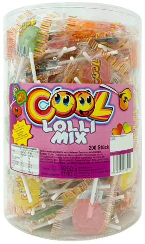 Cool Lolli Mix, 200 einzeln verpackte Lutscher, verschiedene Sorten, wiederverschließbare Dose, 1 kg Dose