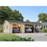 Palmako Garage Roger ohne Tor 956 x 550 cm - Carport mit 19 + 33,2 m², naturbelassen, aus robusten 44 mm Blockbohlen, ideal für Fahrzeuge und kreative Nutzungsmöglichkeiten. Schneller Aufbau dank konfektionierter Bauteile!