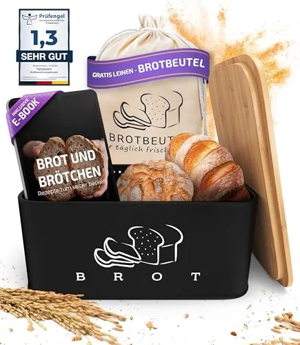 Brotkasten Schwarz – Brotbox mit Bambusdeckel als Schneidebrett [2in1 Brotbehälter]- inklusive gratis Brotbeutel Leinen