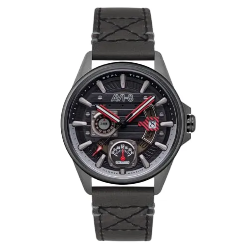 AVI-8 Hawker Harrier Farley Multifunction Uhr - Herren Armbanduhr mit analoger Anzeige, schwarzem Lederarmband und 50 m Wasserdichtigkeit – ideal für den Alltag und besondere Anlässe.