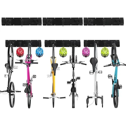 Sinoer extra langer Fahrradwandträger für 60 Zoll, 6 Fahrräder Wandmontage | Massiver Stahl Fahrradhalter mit 3 verlängerten Schienen & 5 Helmbefestigungen, robuste Wandaufhängung für die Garage