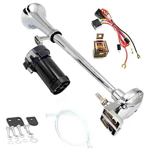 Yiyida Auto-Hupe, 12 V, 150 dB, 45 cm, Chrom, Zink, mit Kompressor, Einzelhorn-Hupe, für alle Fahrzeuge, Lkws, Züge, Boote und Transporter mit 12 V Anschluss
