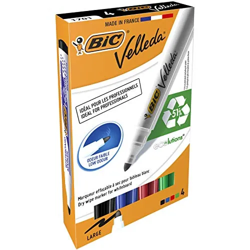 BIC 1701 Whiteboard Marker Velleda ECOlutions (1,4 mm, geruchsarm, 4 fach sortiert) Kartonetui à 4 Stück