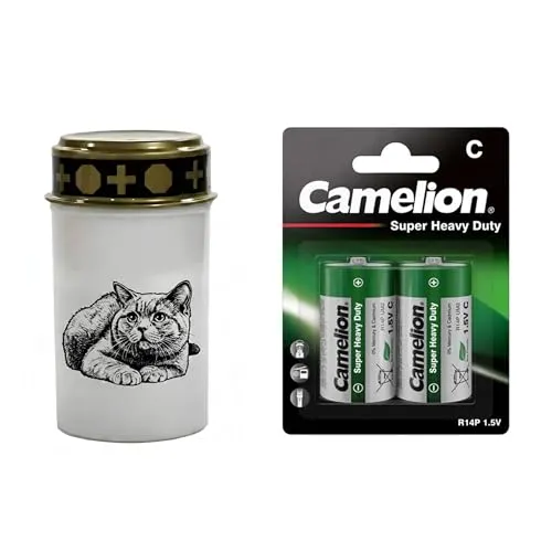 Fachhandel Plus LED Grablicht Katze, batteriebetriebenes Gedenklicht mit flackernder LED Flamme als sicherer Grabschmuck für Tiergrab und Gedenkplatz