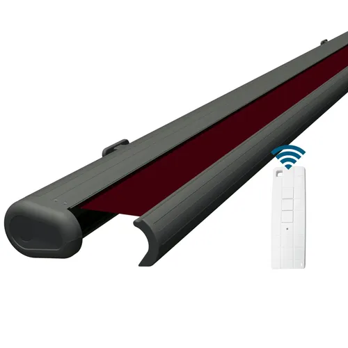 Eclipse Vollkassettenmarkise elektrisch 4,5x3,0 m basaltgraues Gehäuse Markise Balkon Terrassenüberdachung Gelenkarm Polyacryltuch UV-Schutz 50+ Smarthome-fähiger Dooya Motor, Markisentuch: Beere